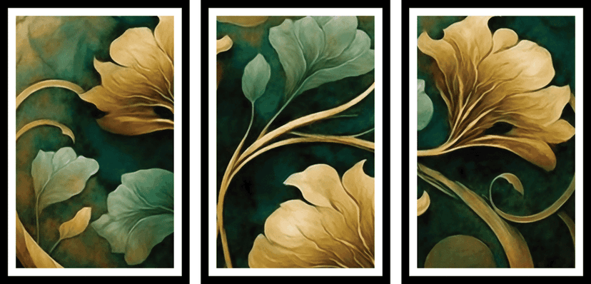 SET OF 3 GREEN AND GOLD FLORAL WALLART 48in X 24in WITH BLACK FRAME view 2