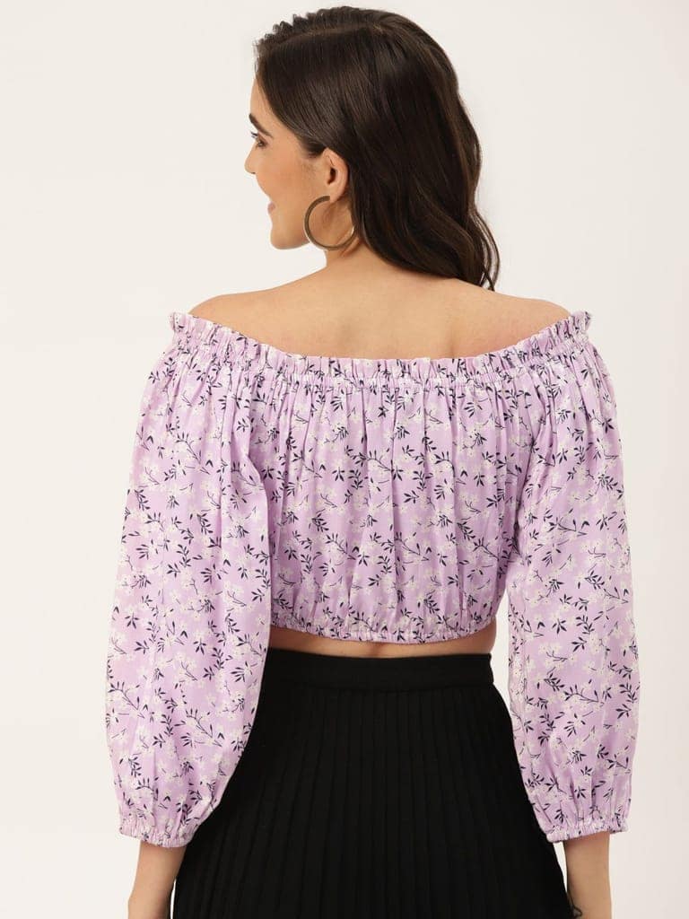 Lavender & White Floral Print Off-Shoulder Blouson Crop Top view 3