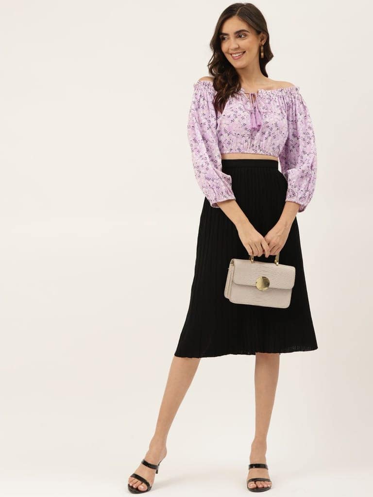 Lavender & White Floral Print Off-Shoulder Blouson Crop Top view 4