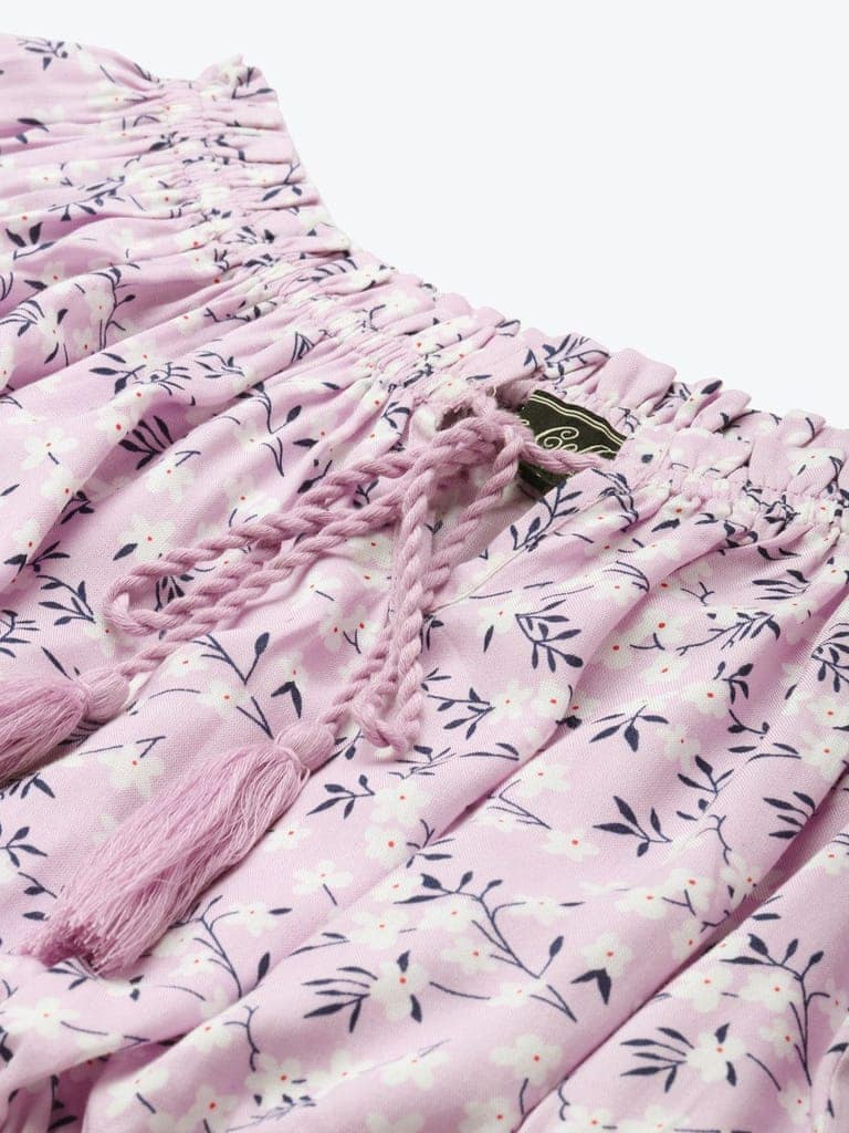 Lavender & White Floral Print Off-Shoulder Blouson Crop Top view 5