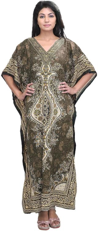 Light-Taupe Long Printed Kaftan with Dori at Waist