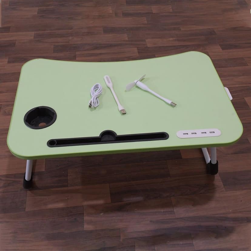 MultiPurpose Study Table Foldable Portable Notebook Bed Lap Desk Tray Stand Reading Holder with Coffee Cup Slot, Drawer, Fan, USB Cable & Light for Breakfast, Reading & Movie Watching (1 Pc Mix Color) view 6