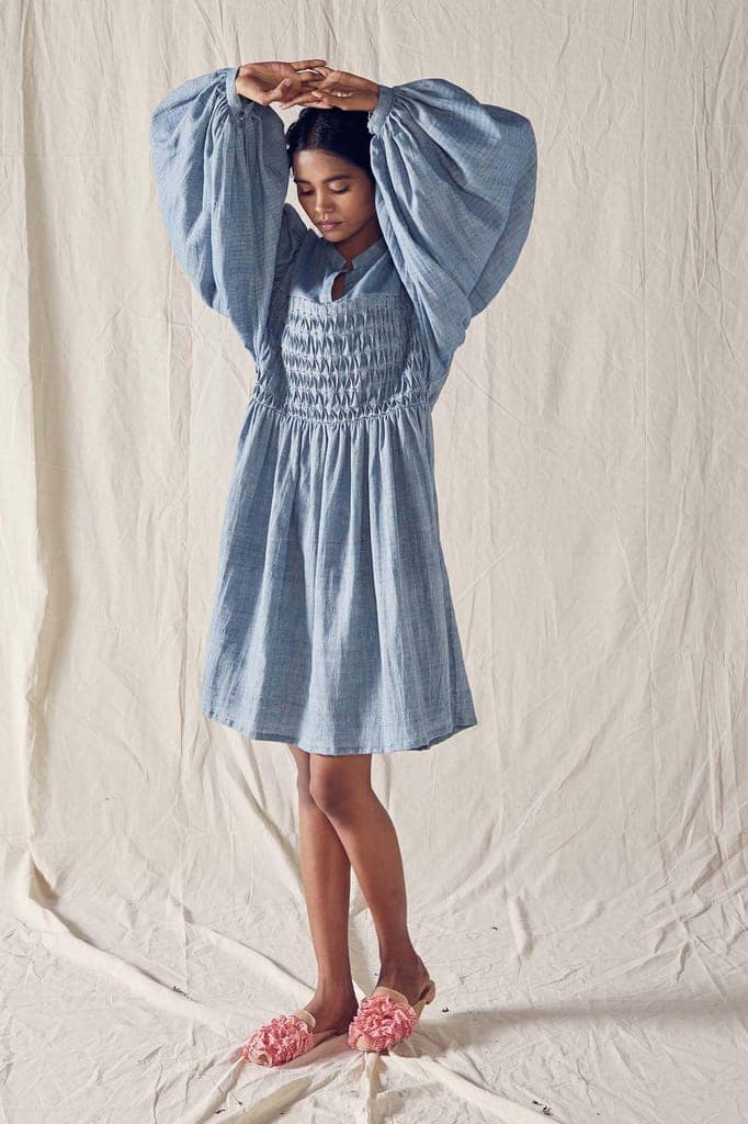 Indigo Honeycomb Detail Dress In Organic Cotton view 2