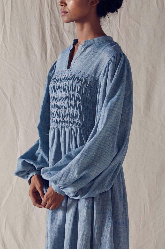Indigo Honeycomb Detail Dress In Organic Cotton view 3