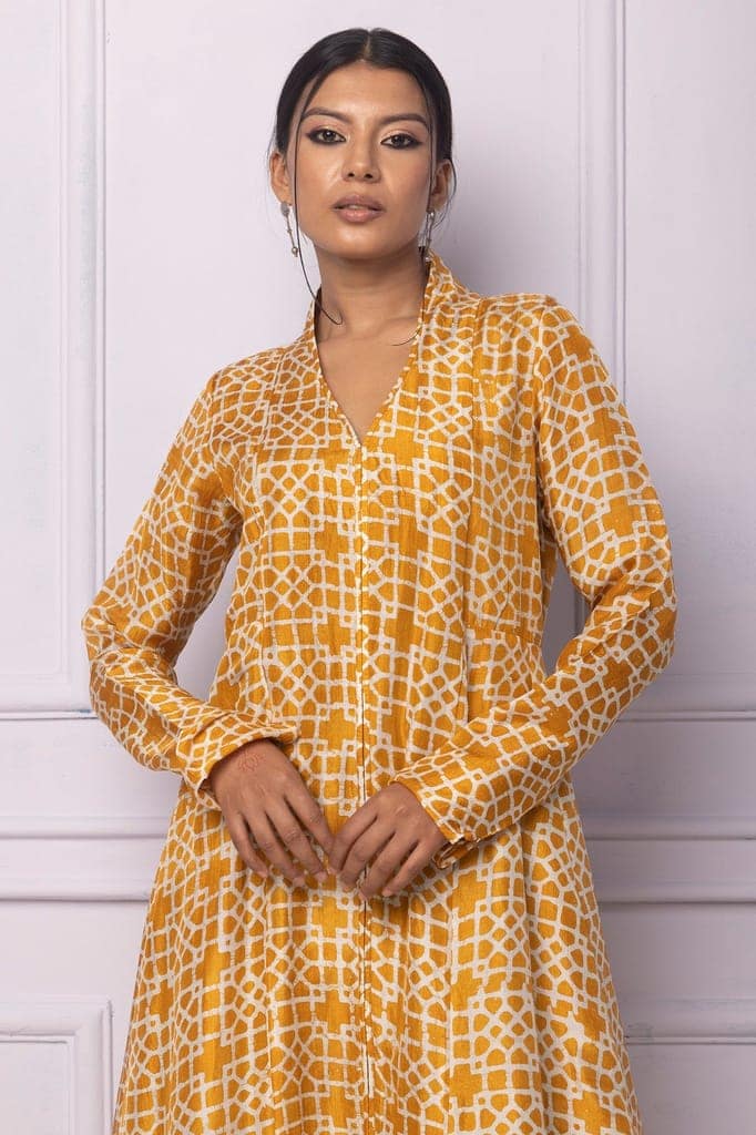 Muddy Yellow Printed Silk A Line Kurti view 4