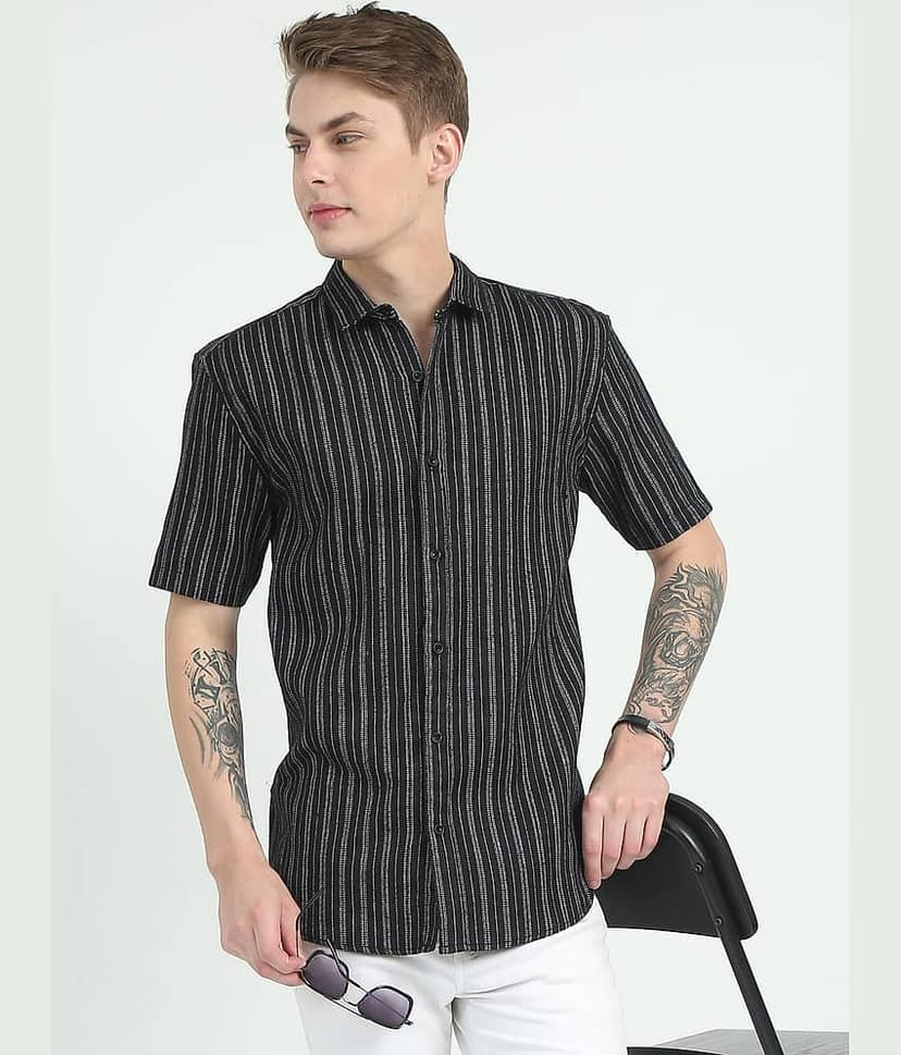 HETIERS Cotton Blend Slim Fit Striped Half Sleeves Men's Casual Shirt - White ( Pack of 1 ) view 7