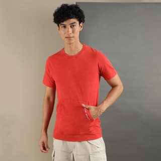 Ftx Men Solid Round Neck Kangaroo Pocket Half Sleeve Tshirt