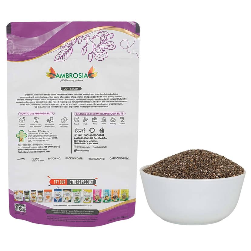 Ambrosia Raw Unroasted Chia Seeds Pouch 250g | Chia Seed for Weight Loss Omega 3| Fibre (Pack of 1) view 5