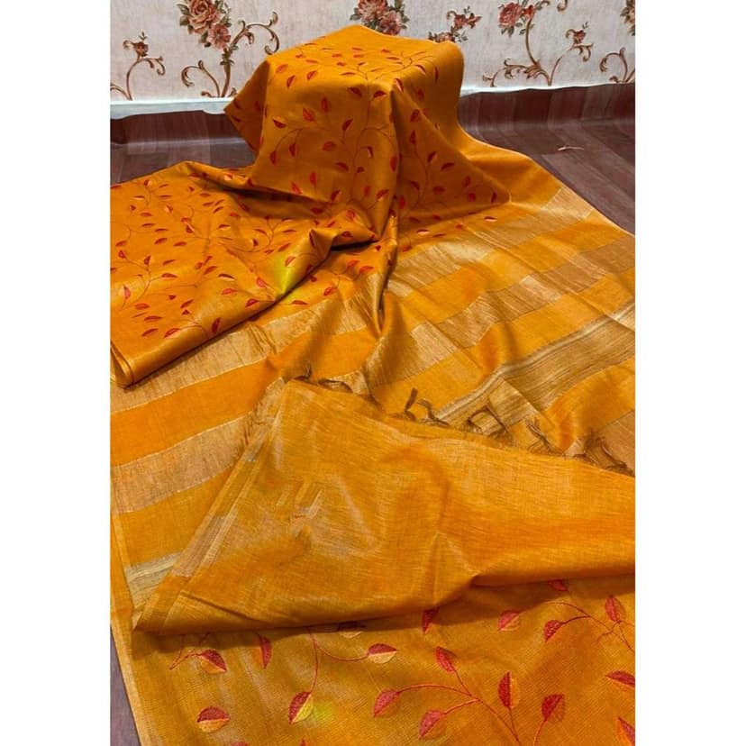 Silkmark Certified Eri Silk Digital Embroidered Orange Saree with Running Blouse-1482