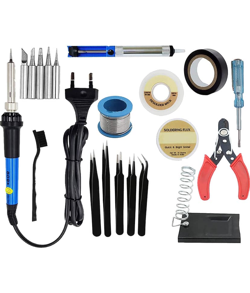 ALDECO: ( 20 in 1 ) 25 Watt Soldering Iron Kit With- Heavy Iron, 5 Pcs Bit Set, Wire, Flux, Wick, Stand, Tape, Cutter, Tester, Desoldering Pump, Brush, 5 Pcs Tweezer Set