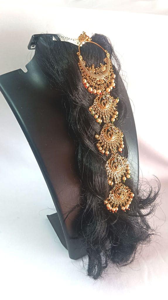 Pearl and gold plated traditional Indian hair accessory for women view 2