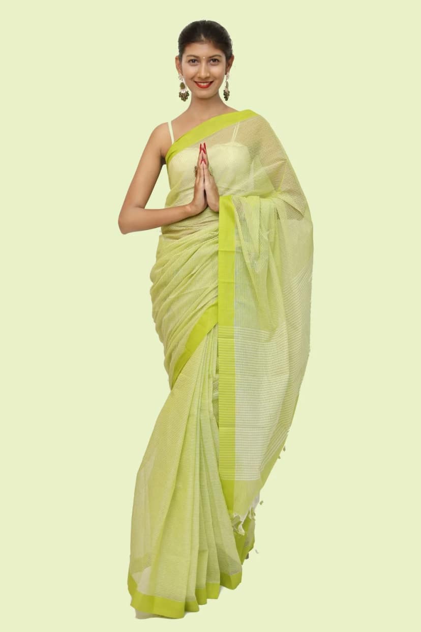 Trendy Cotton Checkerd handloom Saree with Tassels – Yellow view 3
