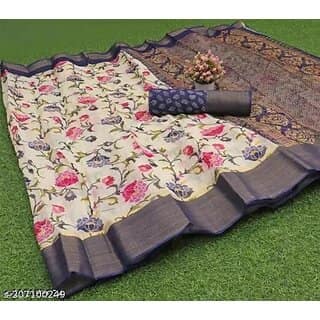 Dark BlueColour Flower Printed Cotton Saree With Blouse Piece