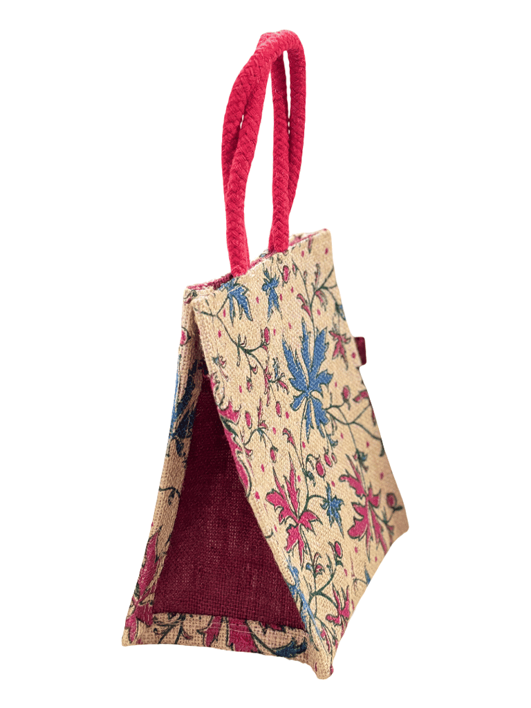 Eco-Friendly Jute Floral Print Small Gift Bag with Red Handles - Versatile & Stylish (Small) T view 2