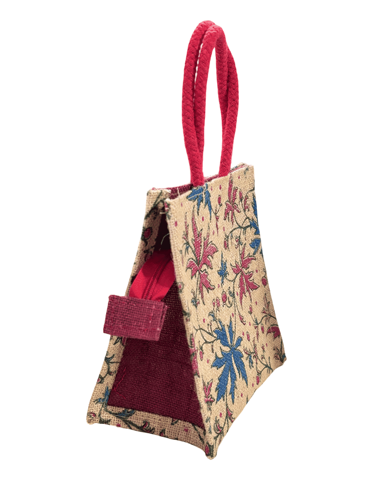 Eco-Friendly Jute Floral Print Small Gift Bag with Red Handles - Versatile & Stylish (Small) T view 4