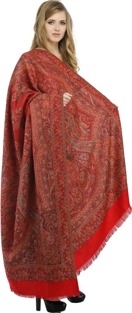 Tomato Reversible Jamawar Shawl with Woven Paisleys view 2