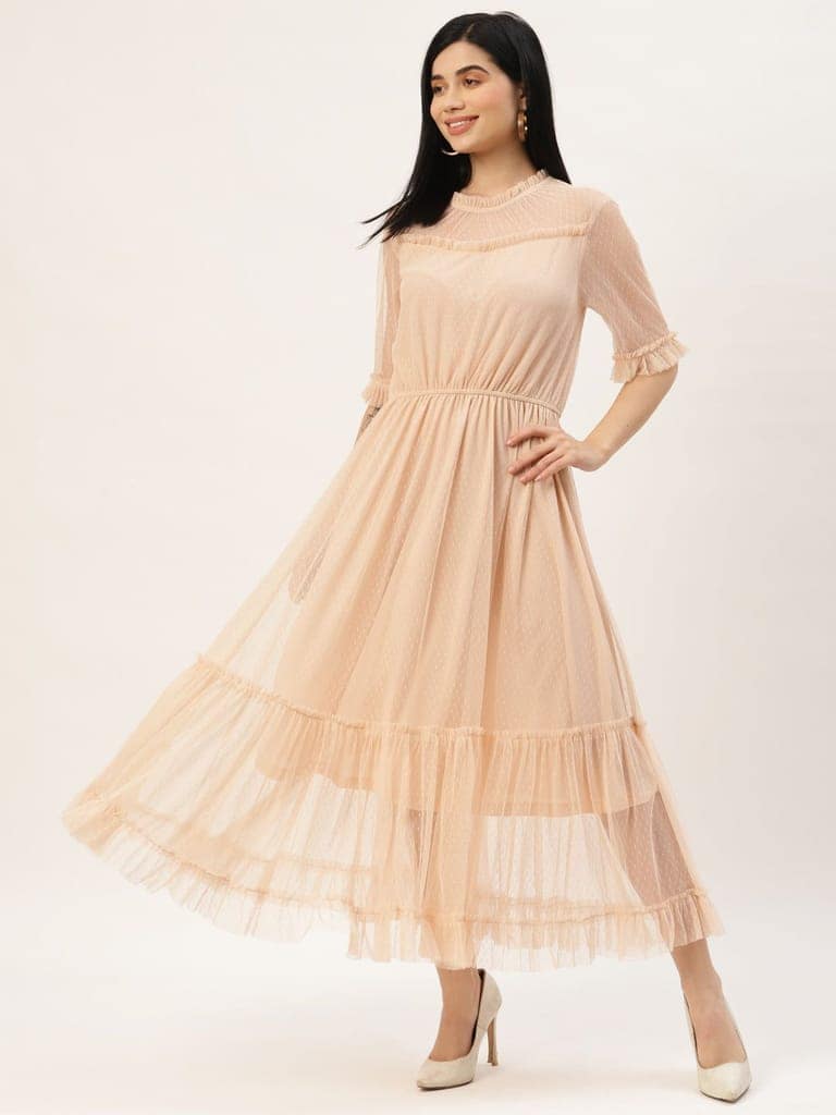 Women Peach-Coloured Dobby Weave Net Midi Dress