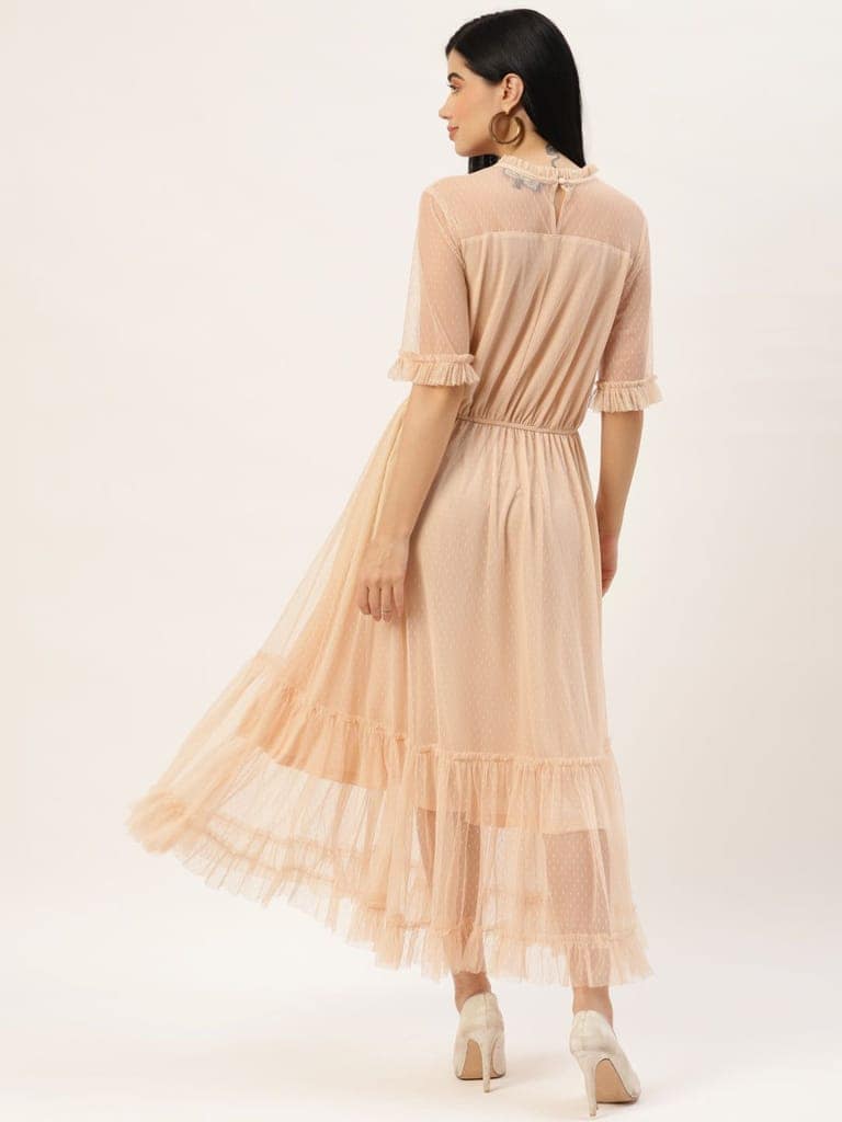 Women Peach-Coloured Dobby Weave Net Midi Dress view 4