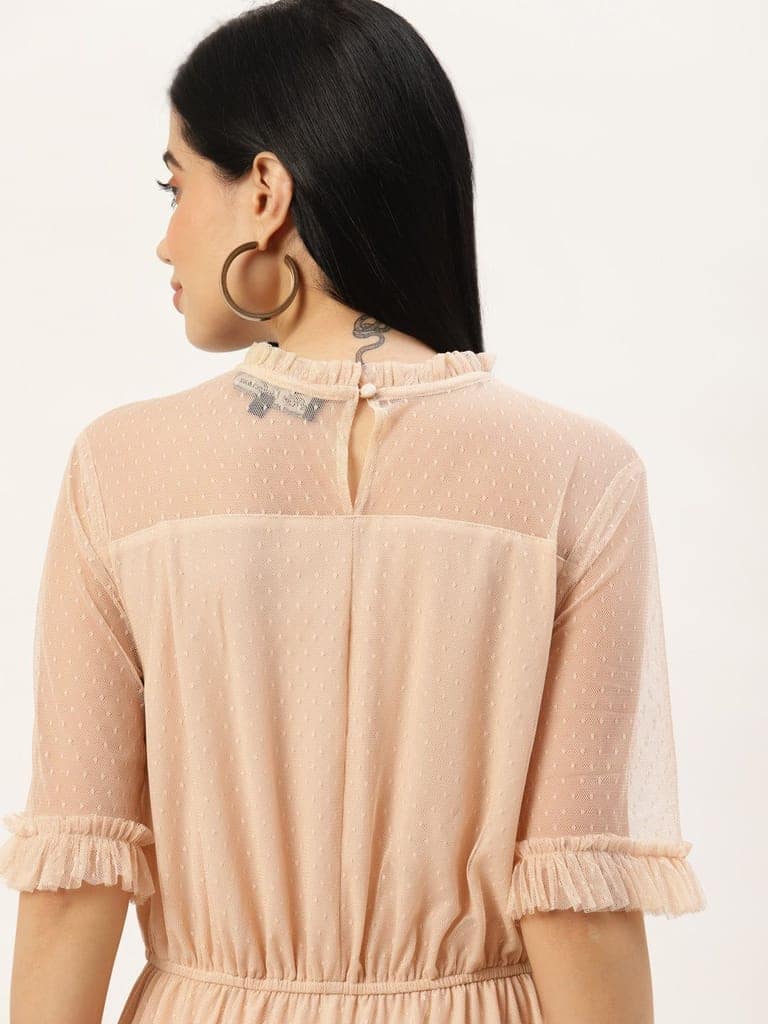 Women Peach-Coloured Dobby Weave Net Midi Dress view 6