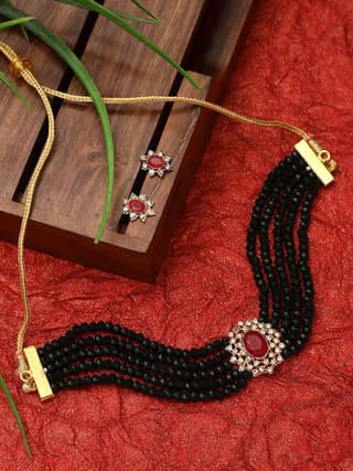 Cardinal Black Color American Diamond Maroon Stone Multistring Choker Necklace Set