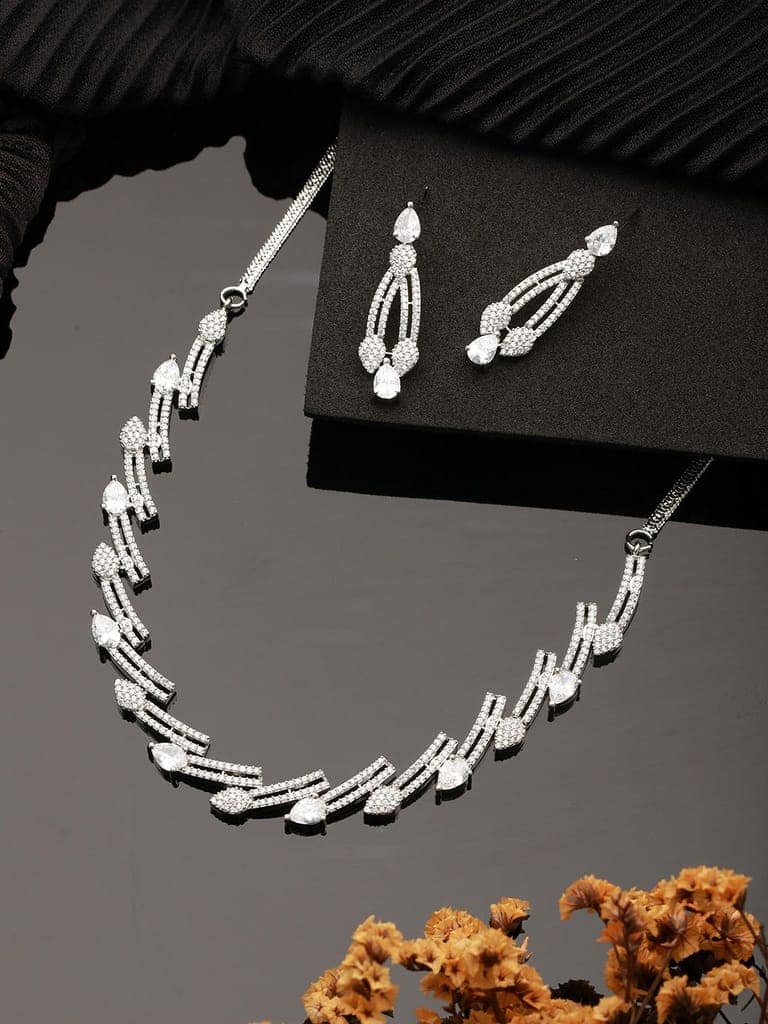 Silver Toned Zircon Studded Leaf Shaped Delicate Designer Necklace jewellerySet view 2