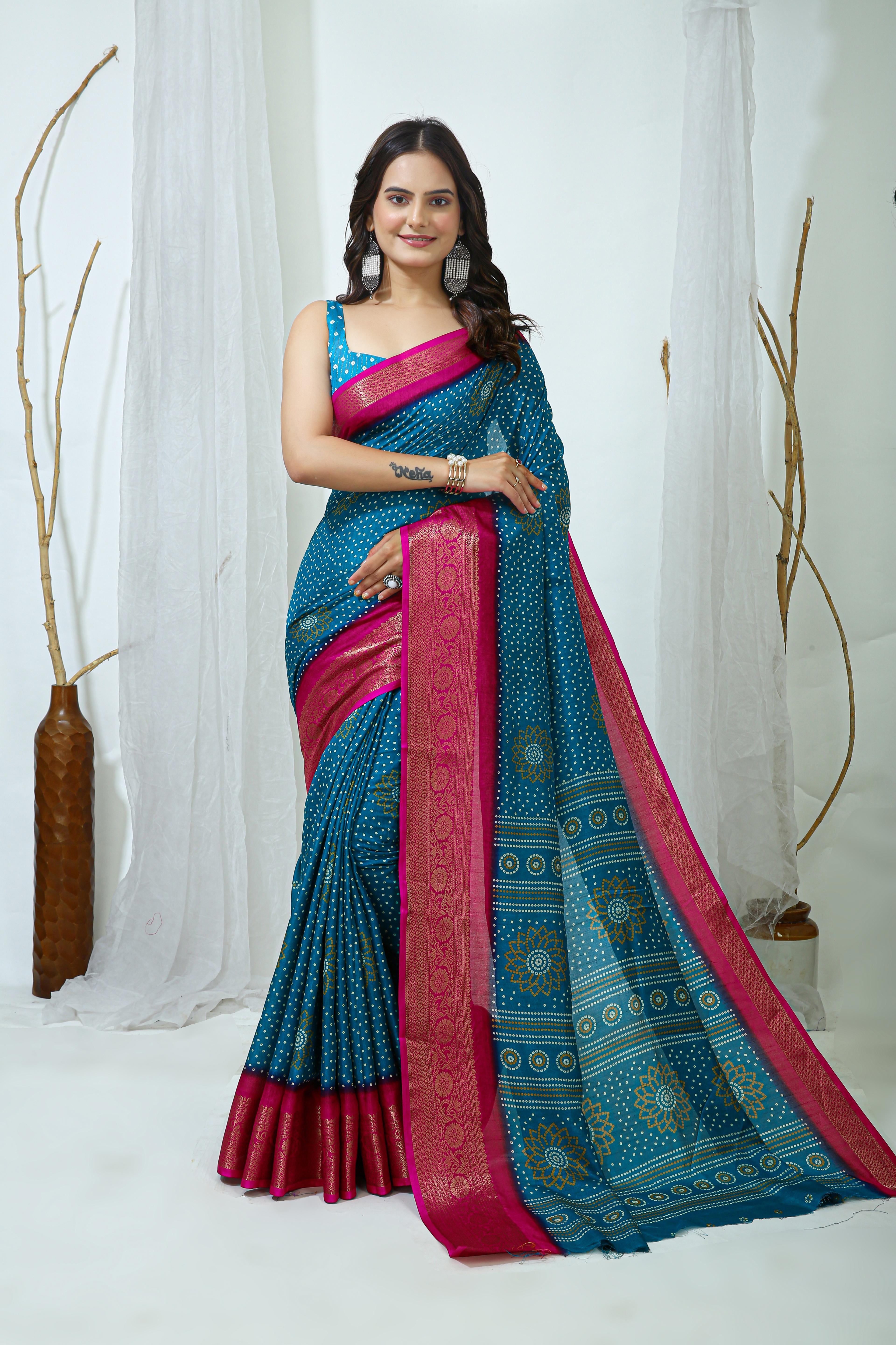 Bandhani Print Dola Silk Saree with Zari Border