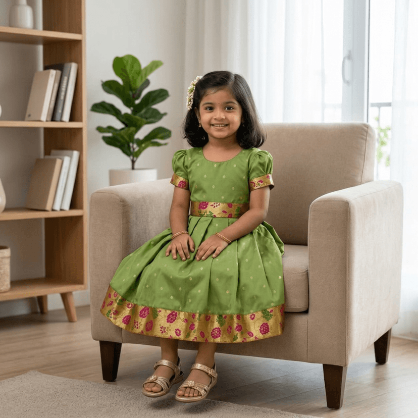 luster Frock taffata-Paithani Age (0 to 5) (3-4 Years, Mehendi) view 3