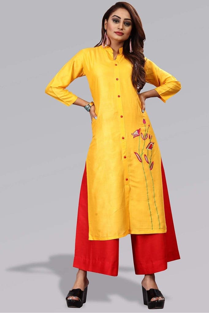 BT WITH BUY & TRY Women's Rayon Kurti Set | Kurti with Palazzo | Kurta Set for Women | Palazoo Set - Yellow view 4