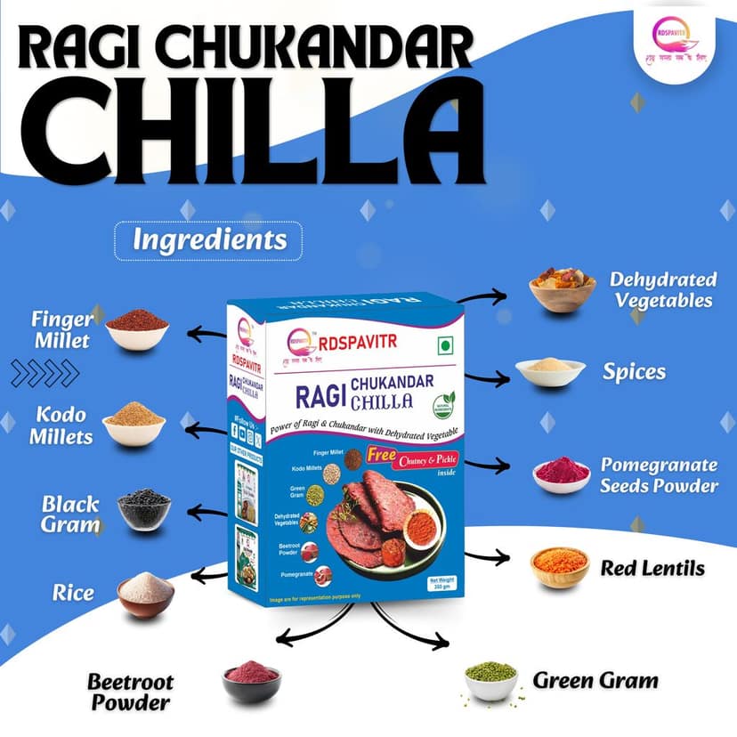 Ragi Chukandar Chilla | Chilla Premix 250 Gm, Peanut Chutney 50g and Mix Pickle 50g | Ready To Cook | No Preservative | Made With Natural Ingredients view 3