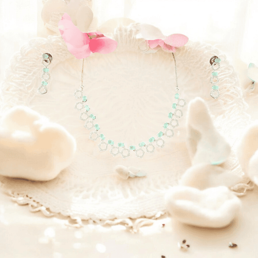 ELLNORA'S "Stunning Silver and Seafoam Green Statement Necklace and Earring Set" view 2
