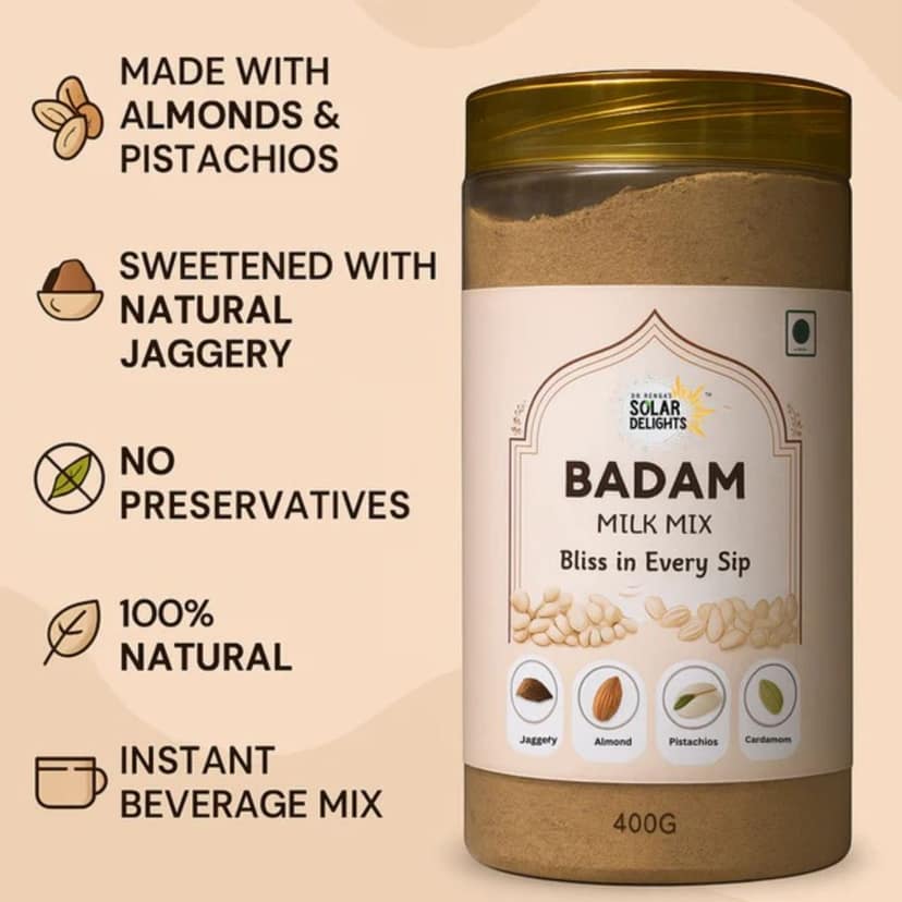 DR. RENGA'S SOLAR DELIGHTS – Badam Milk | Without Sugar | Almond & Pistachio Nutty Instant Drink with Jaggery | No Preservatives, Gluten Free | 400g view 4