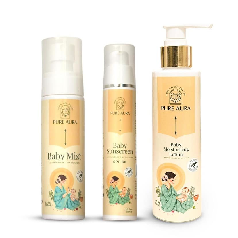 Pure Aura Baby's Summer Protection Bundle | Ayurvedic Sunscreen, Cooling Mist & Moisturizing Lotion | Gentle Skin Hydration & Sun Safety for Newborns & Toddlers | 100% Natural, Paraben-Free