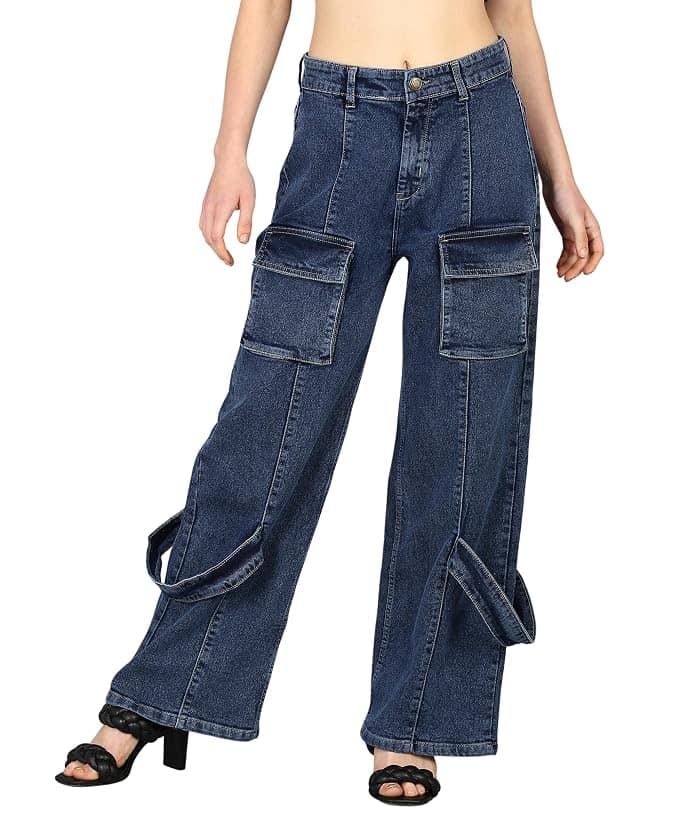 Glossia Fashion Women Cargo Jeans | High Rise Stretchable Baggy Wide LegDenim| Boyfriend Jeans for Women - Blue, 38