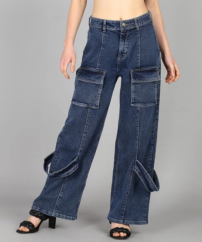 Glossia Fashion Women Cargo Jeans | High Rise Stretchable Baggy Wide LegDenim| Boyfriend Jeans for Women - Blue, 38 view 2