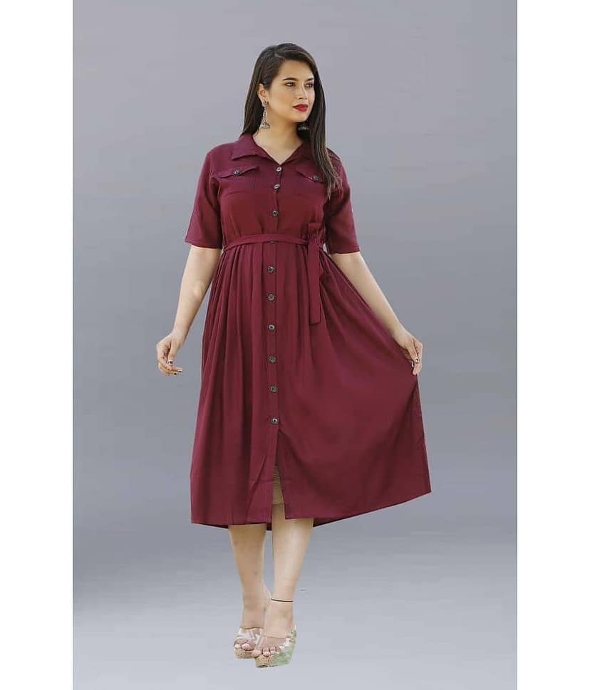 ZAMAISHA Women Rayon Solid Shirt Dress ( Wine )