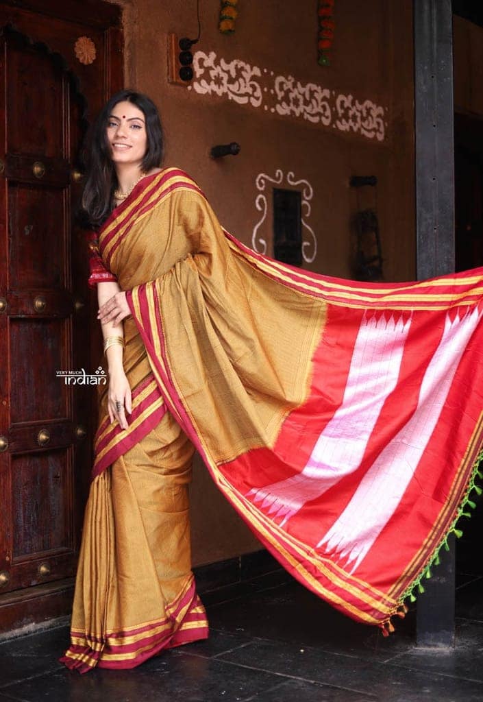 Handloom Cotton Viscose Ilkal Saree with Pure Resham Pallu Micro Checks Mustard Yellow with Red Border