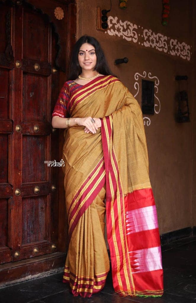 Handloom Cotton Viscose Ilkal Saree with Pure Resham Pallu Micro Checks Mustard Yellow with Red Border view 5