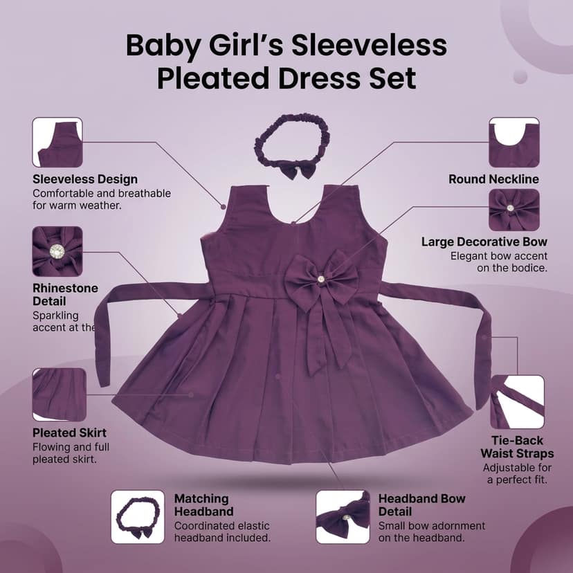 Mom and Me Girls Plain Colour Frock Dress with Flower & Matching Hair Belt | Sleeveless Crepe Fabric | Calf Length (in, Age, 12 Months, 18 Months, Wine) view 4