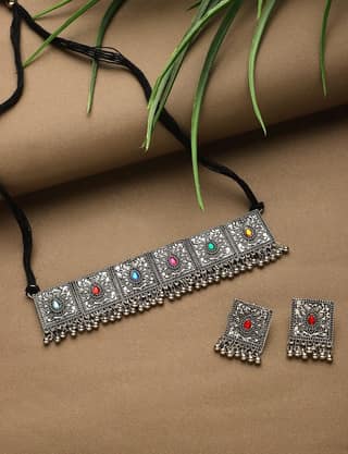 Cardinal Oxidized Silver Color Choker Necklace Set