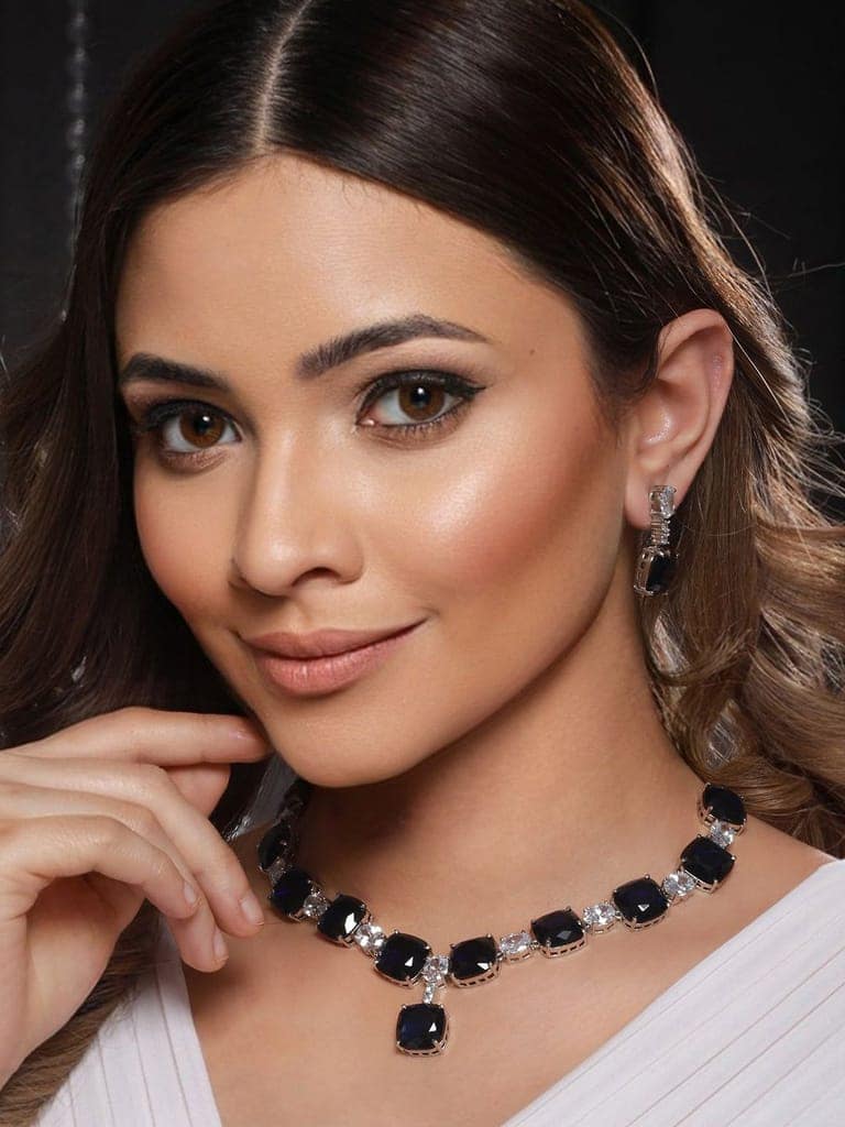 White Rhodium Blue CZ Studded Luxe Statement Jewellery Set view 2