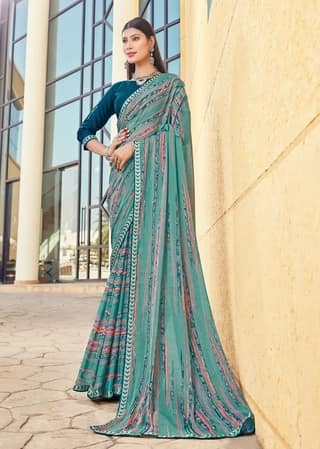 Digital Printed Georgette Saree in Sea Green