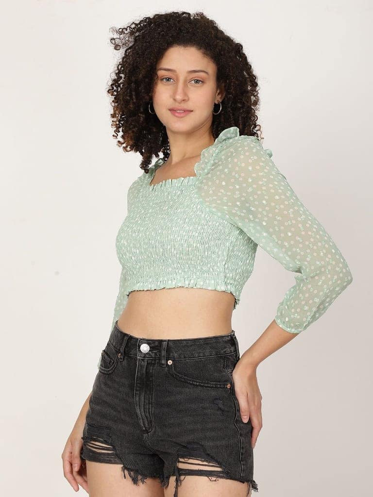 Polka Dot Smocked Cotton Blouson Crop Top view 2