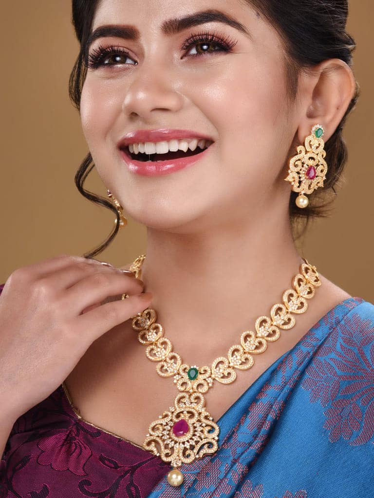 Gold Plated Multi AD Studded Hand Crafted Traditional Pendant Necklace Earrings Set view 2