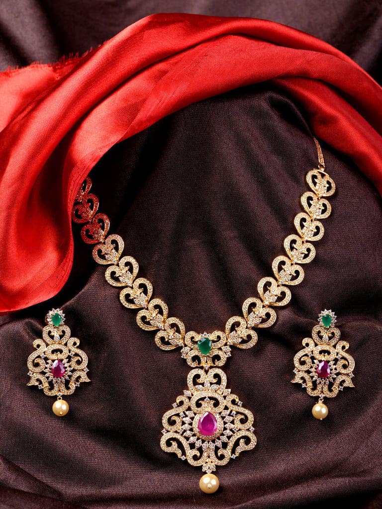 Gold Plated Multi AD Studded Hand Crafted Traditional Pendant Necklace Earrings Set view 3