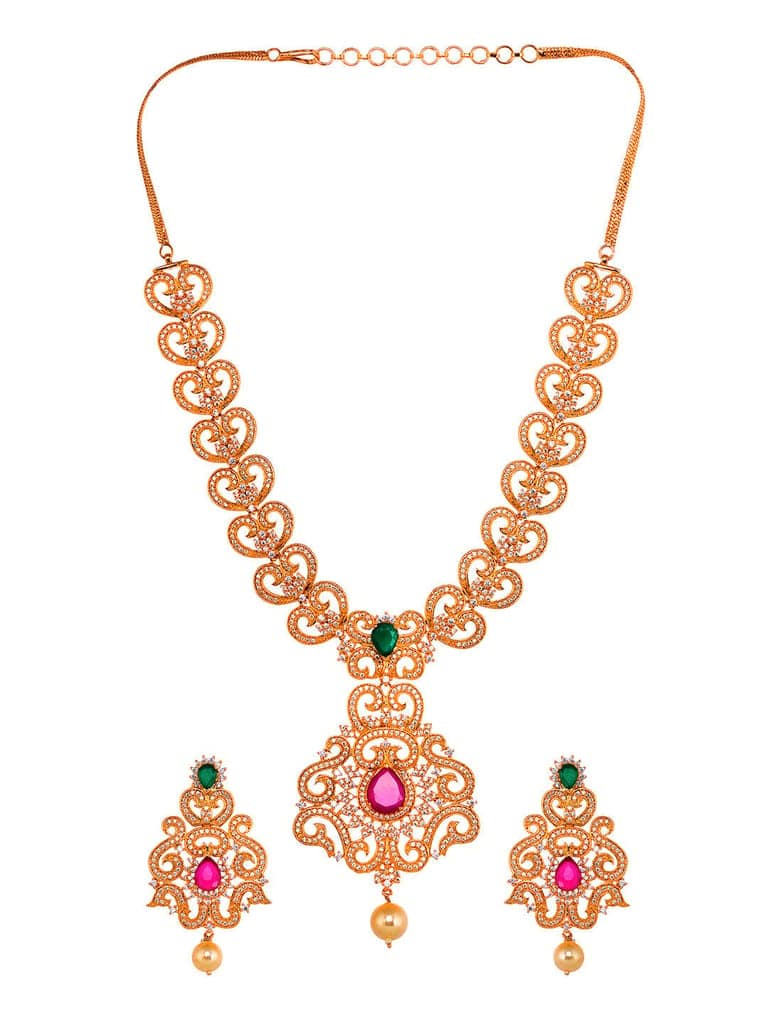 Gold Plated Multi AD Studded Hand Crafted Traditional Pendant Necklace Earrings Set view 6