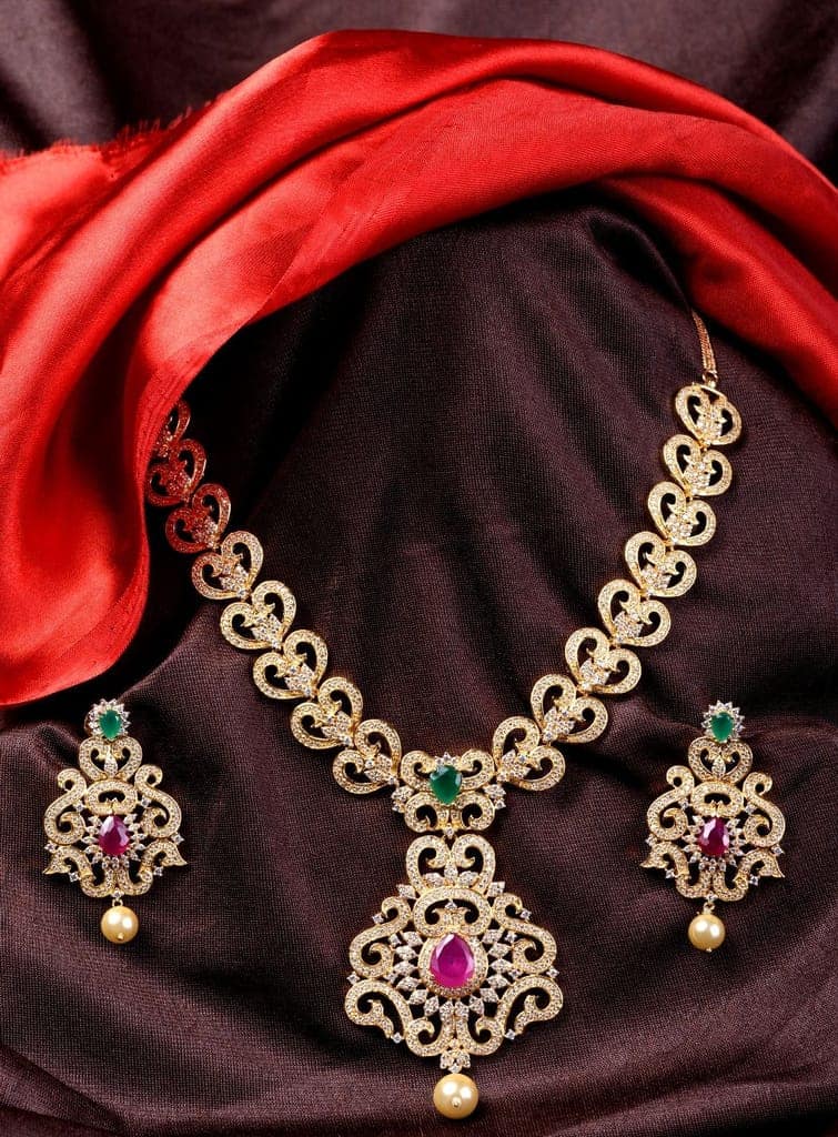 Gold Plated Multi AD Studded Hand Crafted Traditional Pendant Necklace Earrings Set view 8