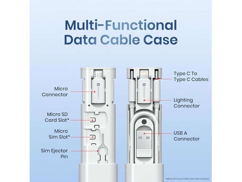 Portronics Snapcase 3 Type C to Type C Cable, Micro , 8 Pin, USB-A Extension, SD Card , Sim Card Slot, SIM Ejector Pin - White view 2