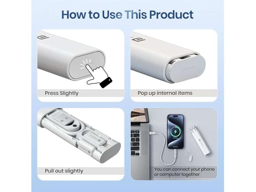Portronics Snapcase 3 Type C to Type C Cable, Micro , 8 Pin, USB-A Extension, SD Card , Sim Card Slot, SIM Ejector Pin - White view 3