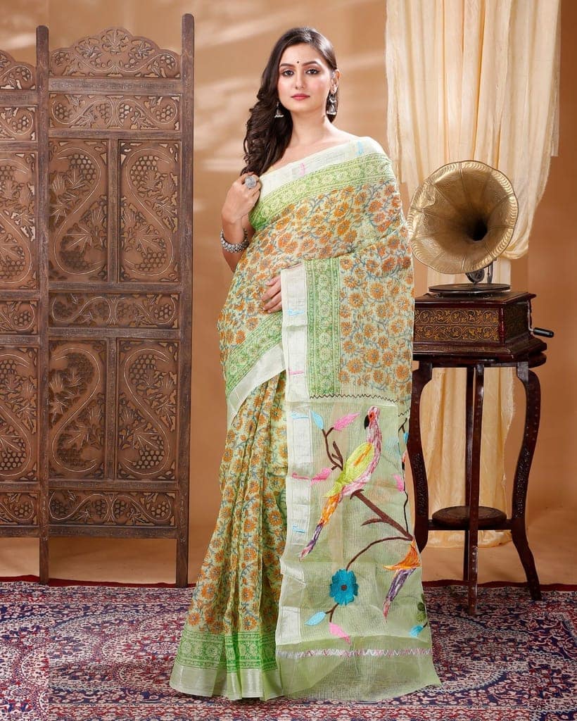 Kota Doria Paithani Embroidery Designer Saree Light Green Color with running blouse-2359 view 2