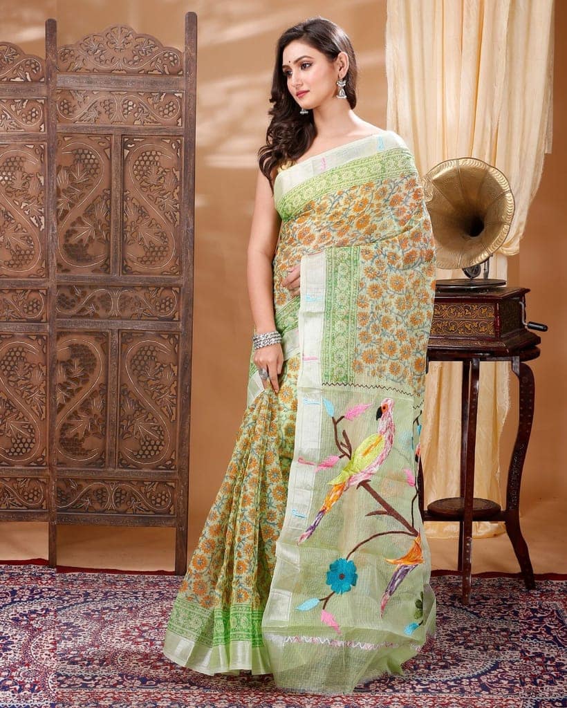 Kota Doria Paithani Embroidery Designer Saree Light Green Color with running blouse-2359 view 3